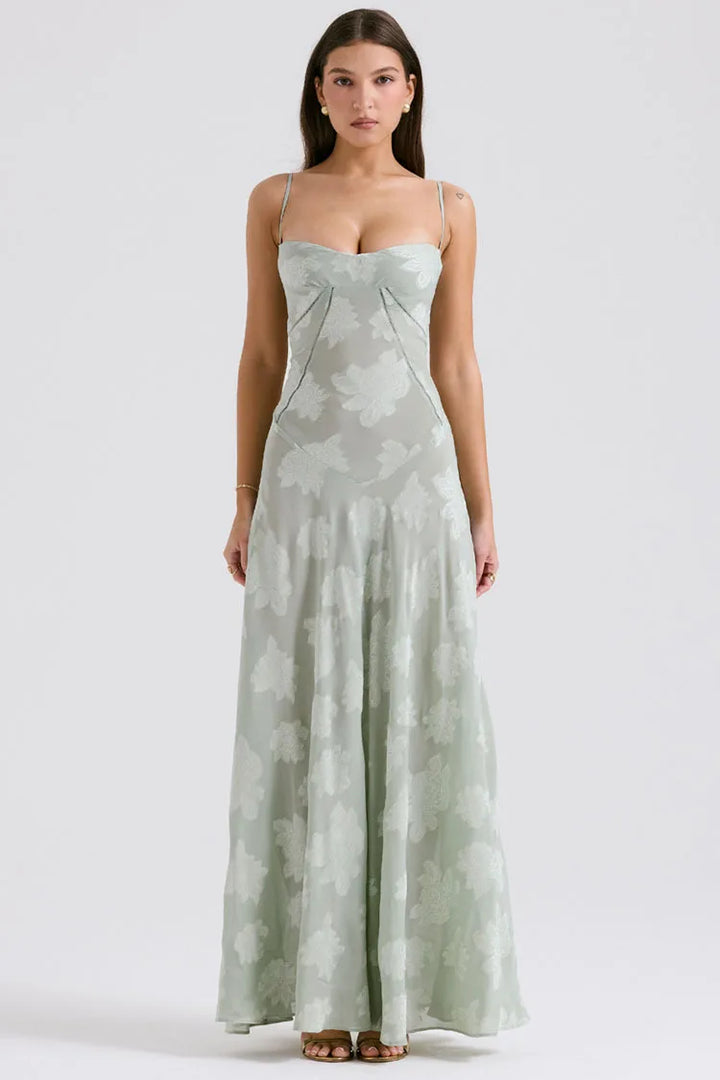 Maxi Dress with Floral Embroidery, Back Tie for Waist Fit - Millie