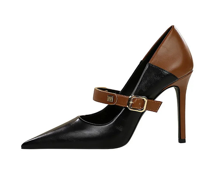 Faux Leather Pointed Heel Shoes with Buckle Decoration - Margaret