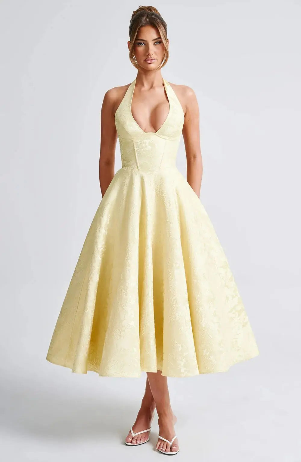 Midi A-Line Dress with Neck Tie, Open Back, Floral Embroidery Detail - Flora