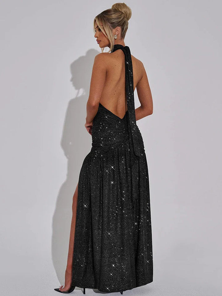 Glitter Maxi Dress with Slit, Deep V-Neck, Open Back, and Neck Tie - Emery
