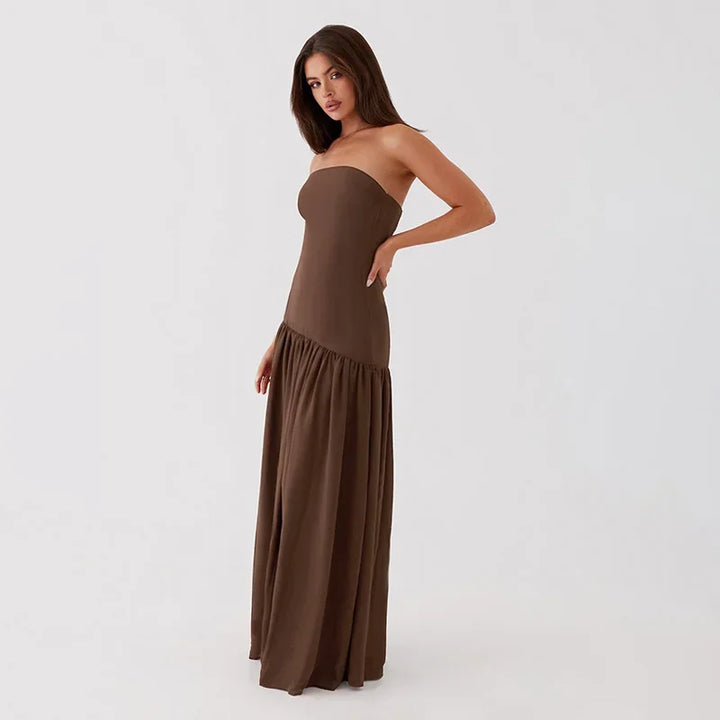 Maxi Strapless Chiffon Dress with Slit Detail - Pia
