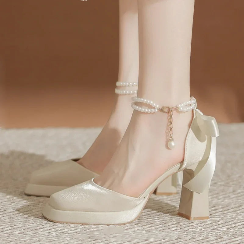 Velvet High Heels with Pearl and Bow Decoration - Vita