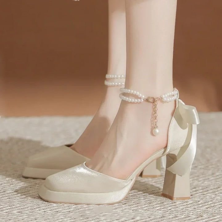 Velvet High Heels with Pearl and Bow Decoration - Vita