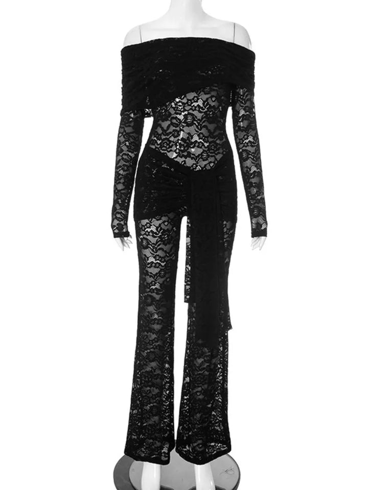 Lace jumpsuit with train and off-shoulder design - Gefen