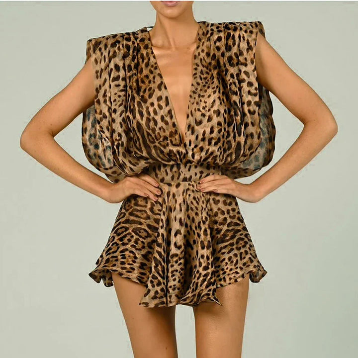 Short Spotted Chiffon Jumpsuit with Deep V-Neck Mini Dress Design - Jill
