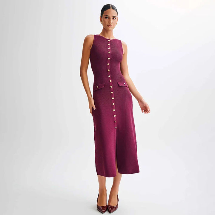 Elegant Knitted Midi Dress with Button Decoration and Small Slit - Penelope