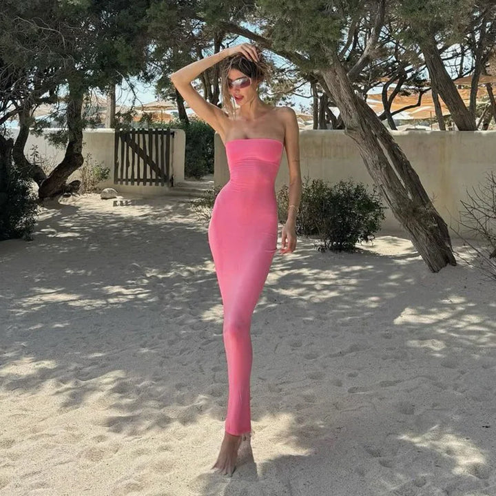 שמלת מקסי סטרפלס צמודה  - ירין