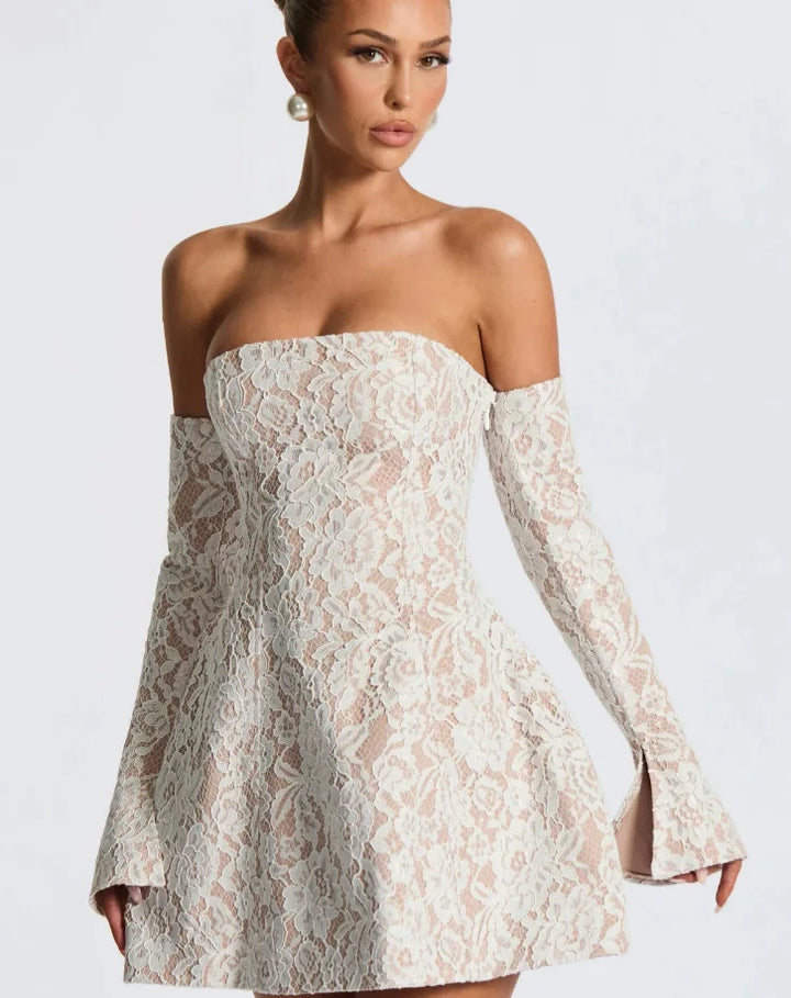 Lace mini dress in A-line cut with matching sleeve details - Ann