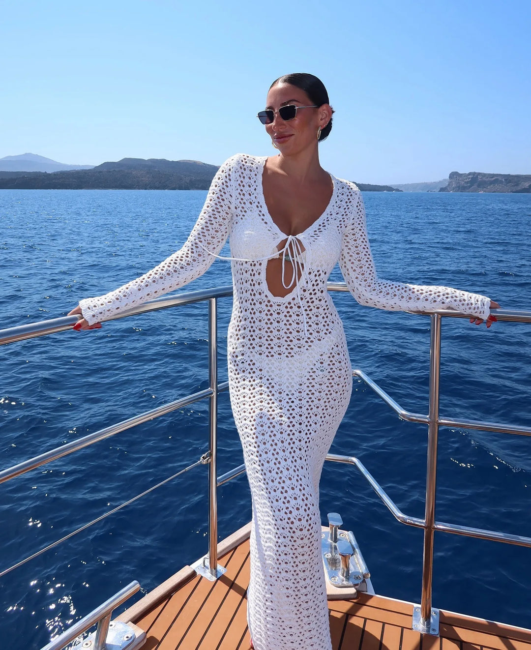 Crochet Maxi Dress with Tie Detail on Chest - Halo