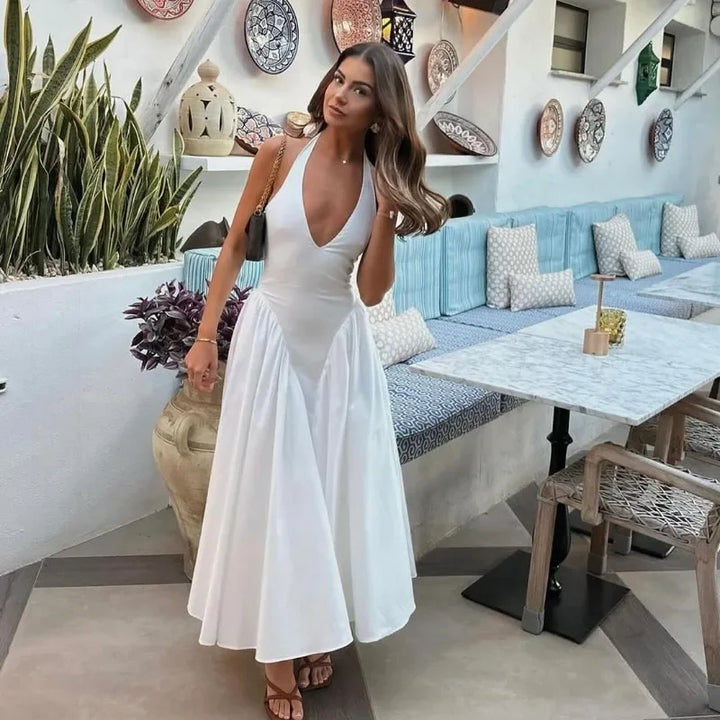 Midi A-line Dress with Neck Tie and Open Back - Makenna