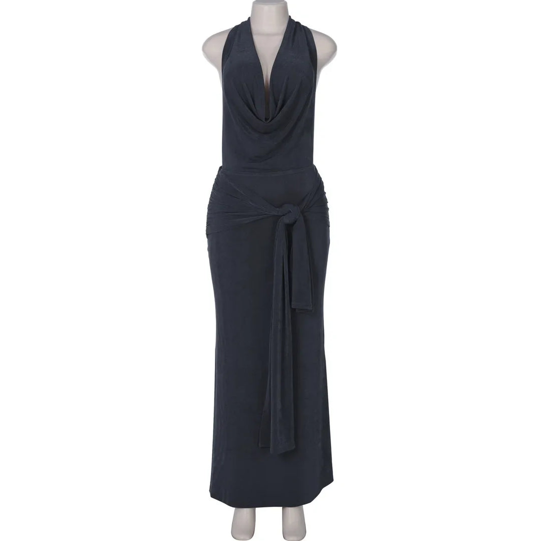 Knitted Suede Maxi Dress with Draped Collar, Open Back, and Tie Detail - Michaela