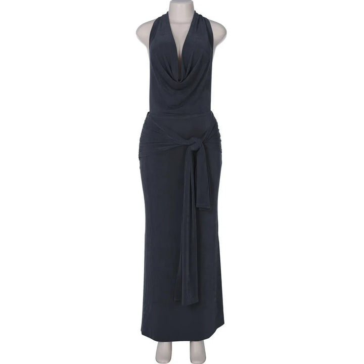 Knitted Suede Maxi Dress with Draped Collar, Open Back, and Tie Detail - Michaela