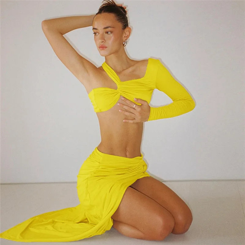 Two-Piece Set: Maxi Skirt with Deep Slit and Top with Special Design and One Sleeve - Sarah Lee