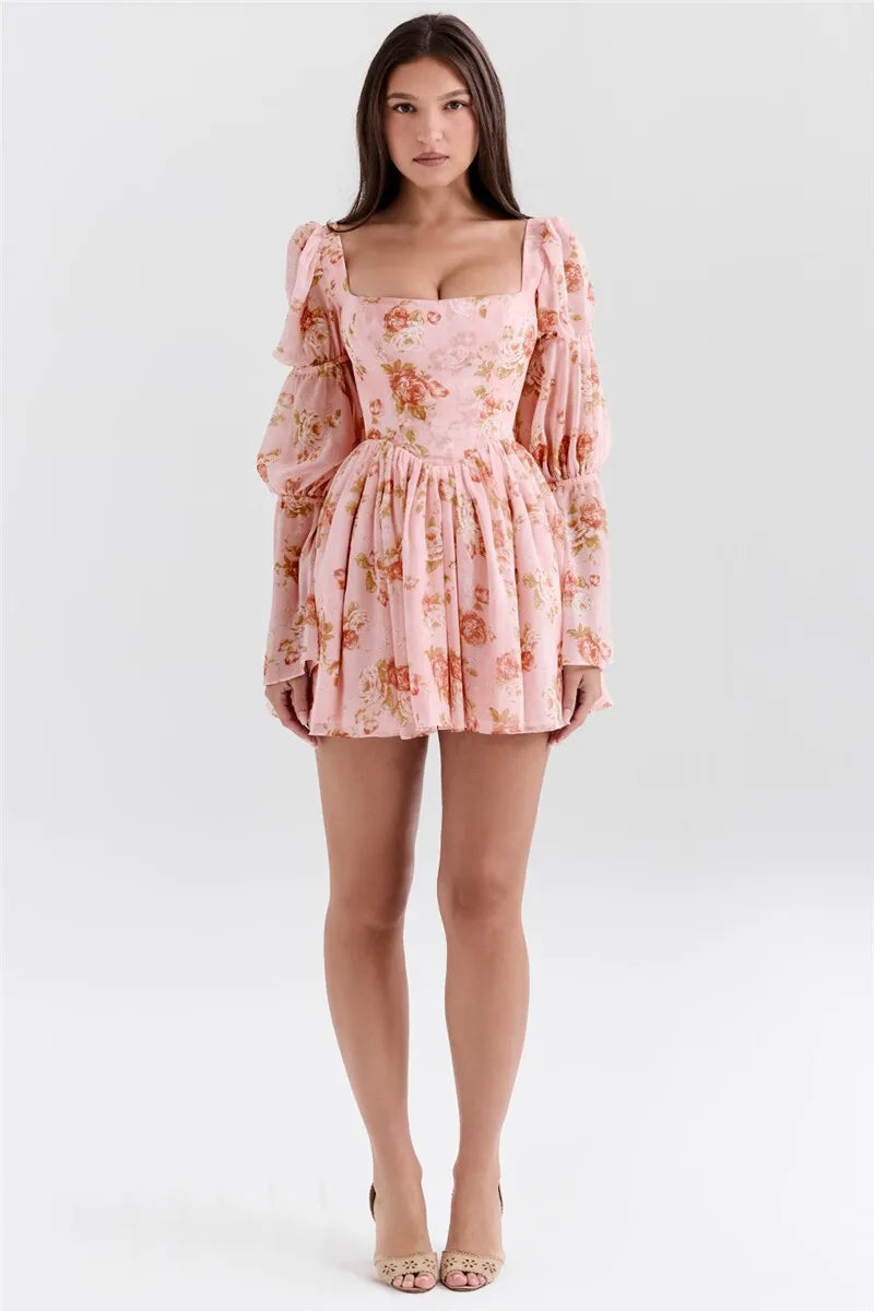 Floral Chiffon Mini Dress with A-Line Cut and Bell Sleeves - Florencia