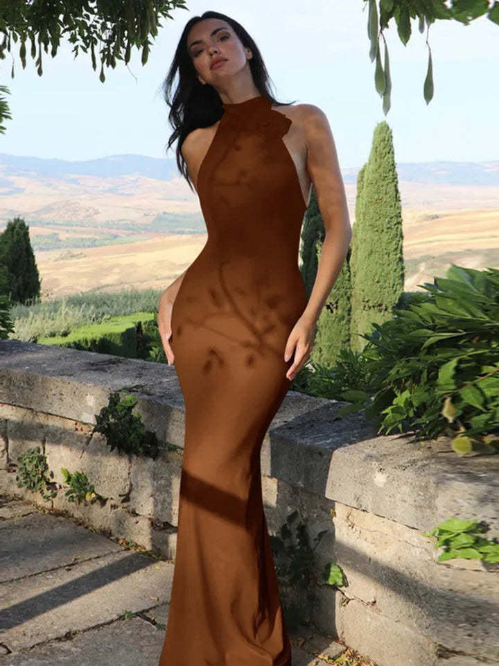 Knitted Collar Maxi Dress with Flower Decoration and Open Back - Amalia