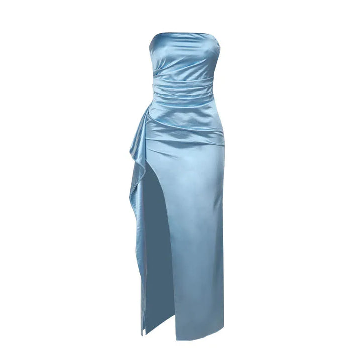 Strapless Satin Maxi Dress with Ruching and Slit - Amalia