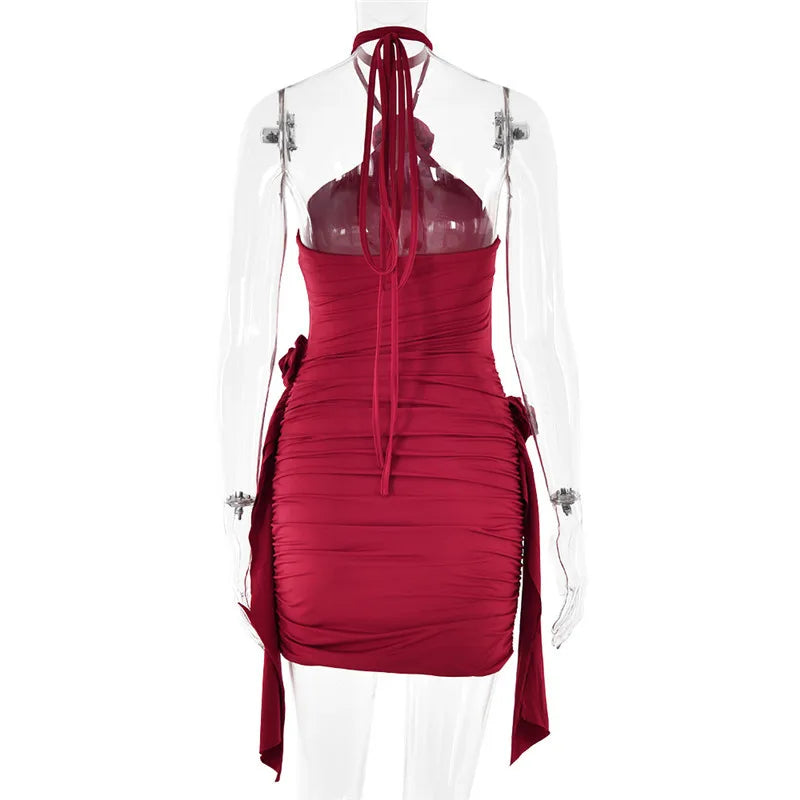 Ruched mini dress with neck tie and floral appliqué - Jasmina