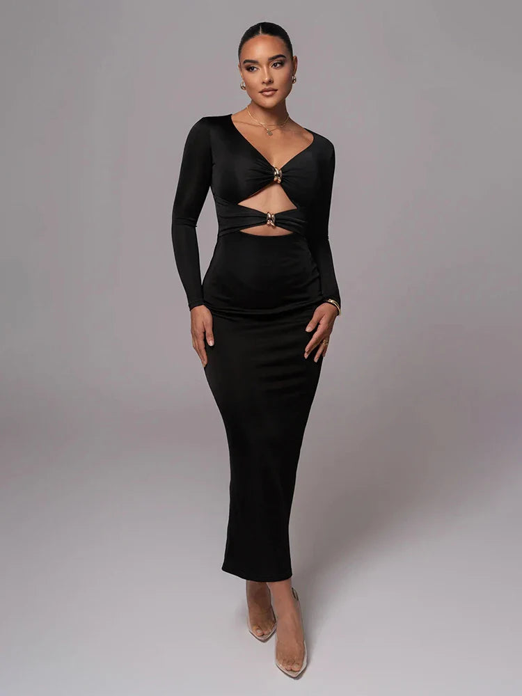 Fitted Shaping Fabric Maxi Dress with Cutouts and Buckles - Lauren