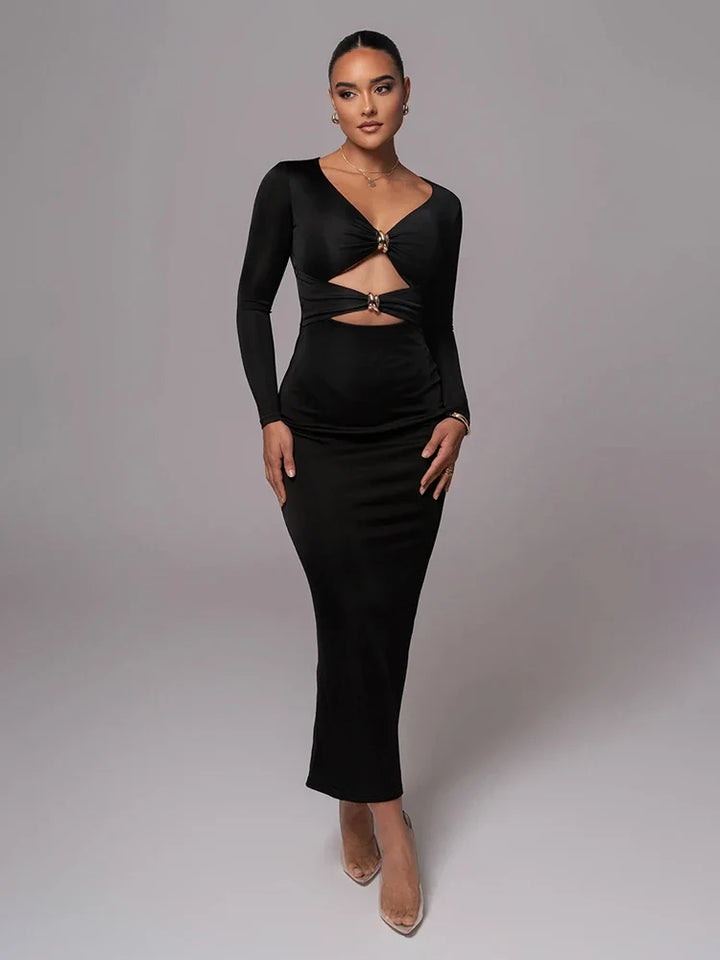 Fitted Shaping Fabric Maxi Dress with Cutouts and Buckles - Lauren