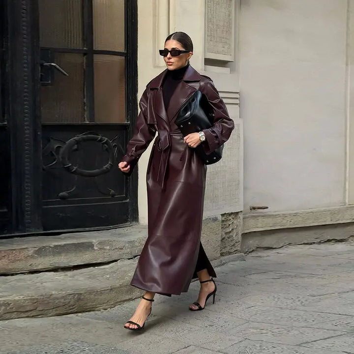 Long Leather Coat with Button Details and Tie Belt - LARA