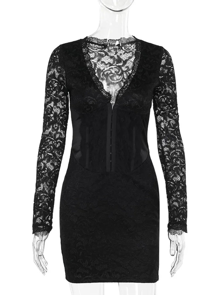 Fitted Lace Mini Dress with Satin Detail and Pin Closure - Olive