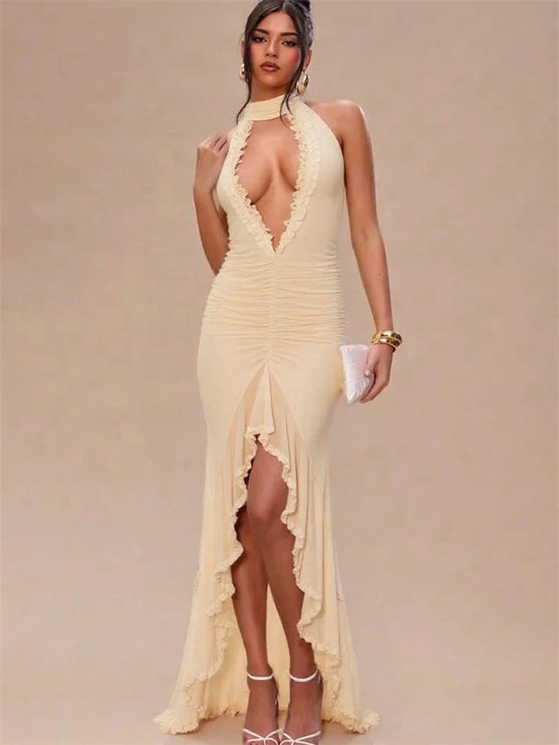 Maxi chiffon dress with ruffles and asymmetric design with matching scarf detail - Milka