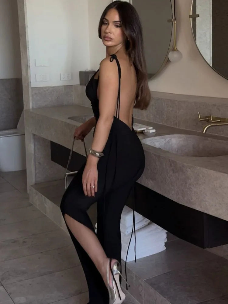 Long Open-Back Jumpsuit with Pedal Push Pants - Melenia
