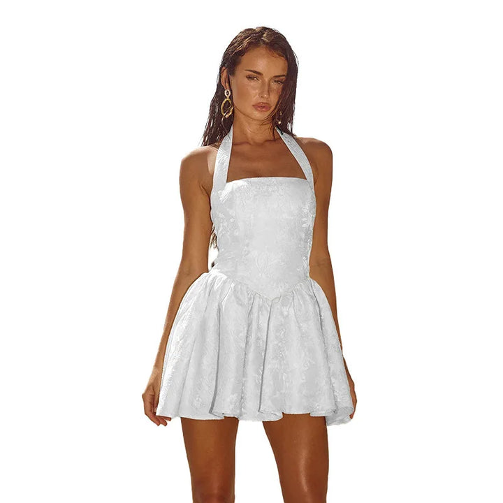 A-Line Mini Dress with Floral Embroidery and Neck Tie - Al Arieh