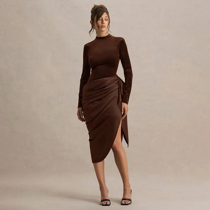 Midi Dress with Satin Design and Asymmetric Length - NIRA