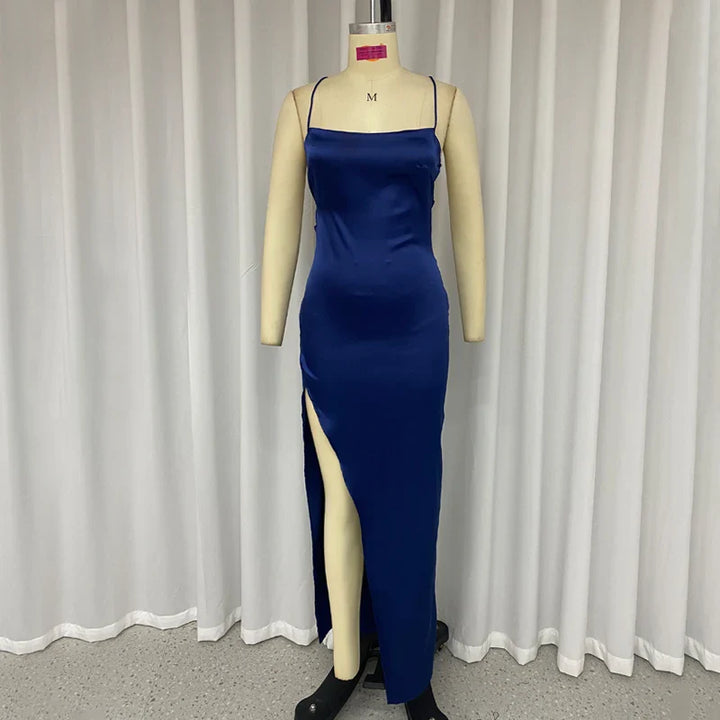 Satin Maxi Dress with Slit - Azul