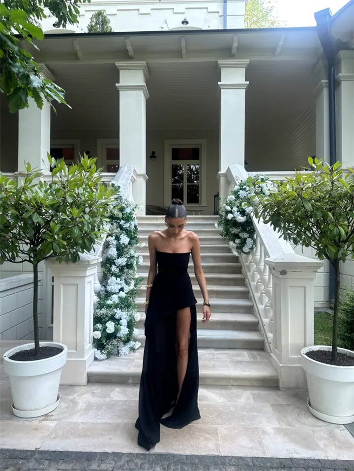 Strapless Maxi Dress with Chiffon Bottom, Slit Design, and Matching Scarf Detail - Princess