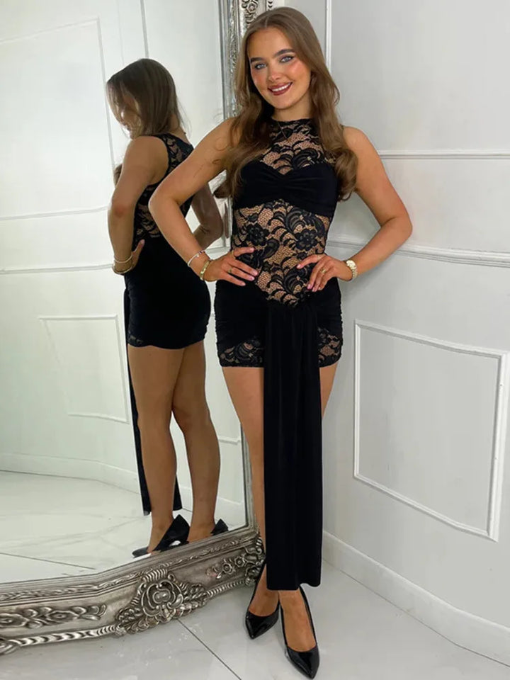 Lace mini dress decorated with trailing tie - Karin