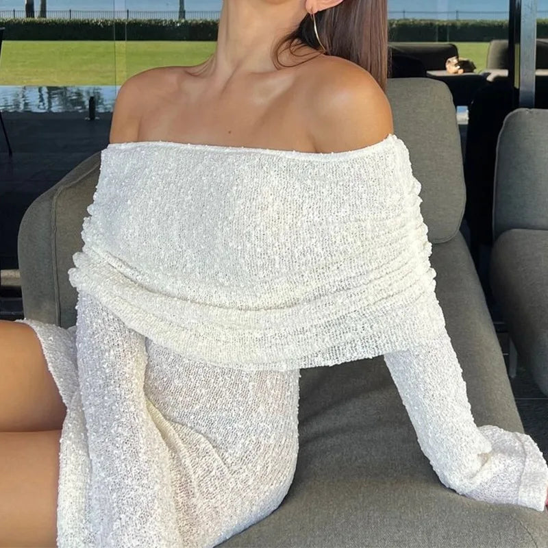 Knitted Mini Beach Dress with Off-Shoulder - Larry