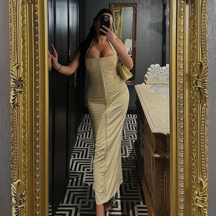 Fitted Maxi Dress with Pin Closure and Open Back - Natasha