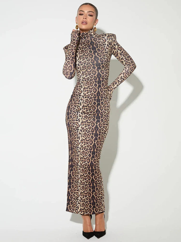 Leopard print maxi dress with turtleneck - Madlen