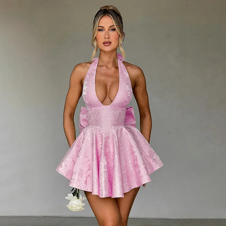 A-line mini dress with floral embroidery, bow detail on the back, tie-back design for waist fit and neck tie - Pearl