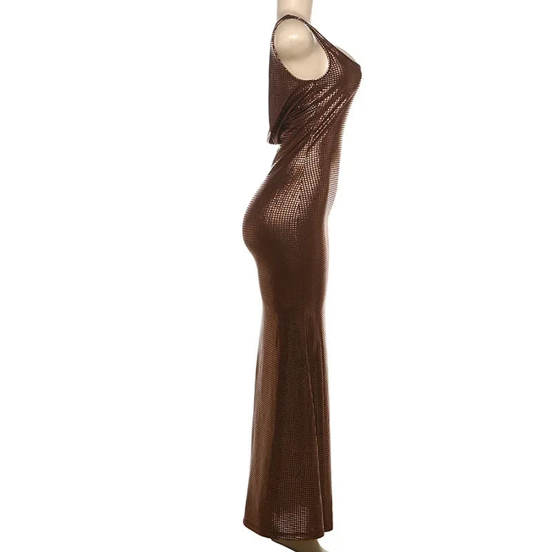 Fitted Maxi Dress with Sparkling Square Embellishment and Open Back Design - Genesis