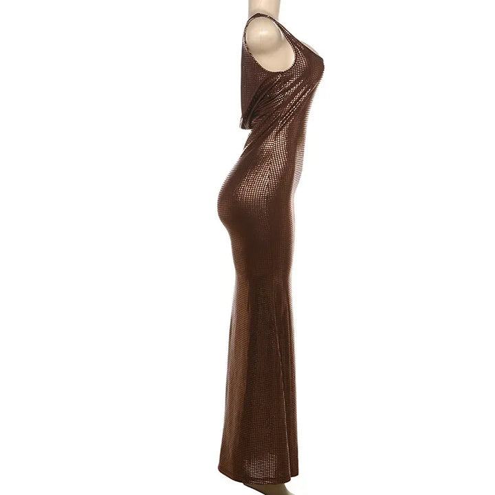 Fitted Maxi Dress with Sparkling Square Embellishment and Open Back Design - Genesis