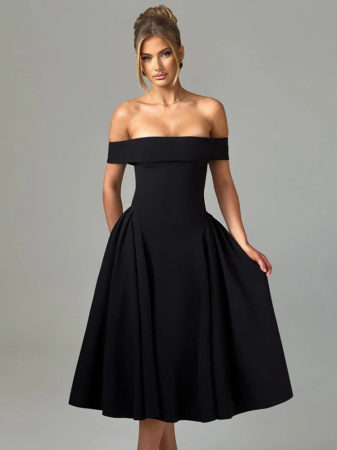 Midi A-Line Dress with Off-Shoulder Design - Ronal
