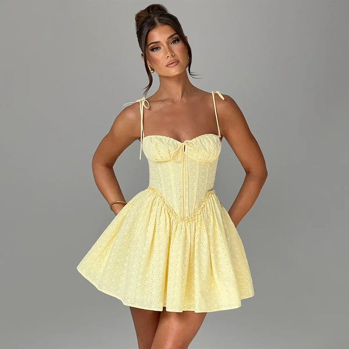 A-Line Mini Dress with Embroidery and Tie Straps - GAYA