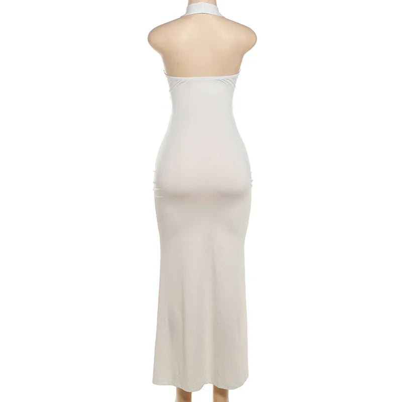 Fitted Maxi Dress with Ruffle Decoration and Slit Design - Jolene