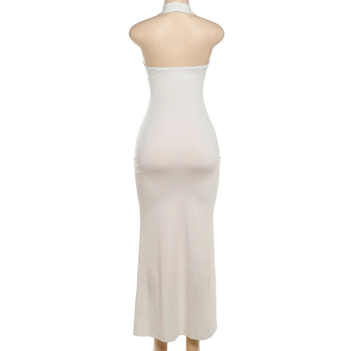 Fitted Maxi Dress with Ruffle Decoration and Slit Design - Jolene