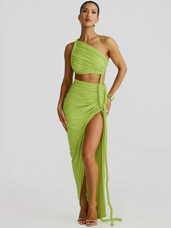 Maxi One-Shoulder Dress with Cutout and Slit, Braided Detail - Panama