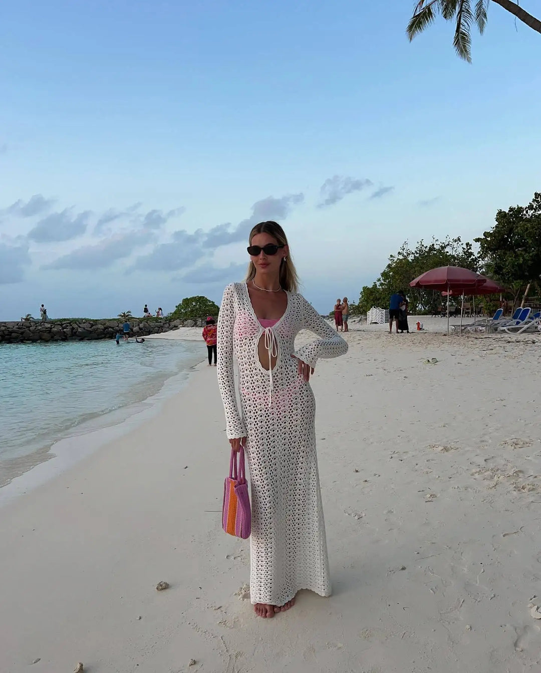 Crochet Maxi Dress with Tie Detail on Chest - Halo