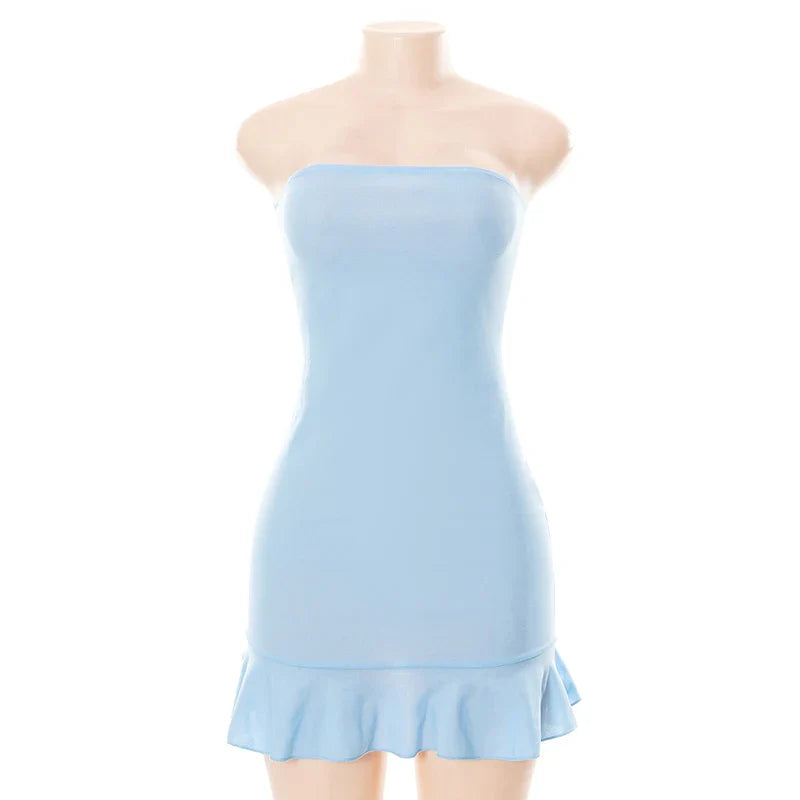 Fitted strapless mini dress decorated with ruffle - Blue