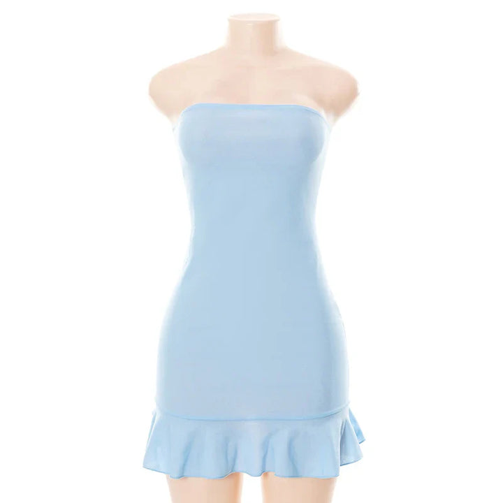 Fitted strapless mini dress decorated with ruffle - Blue