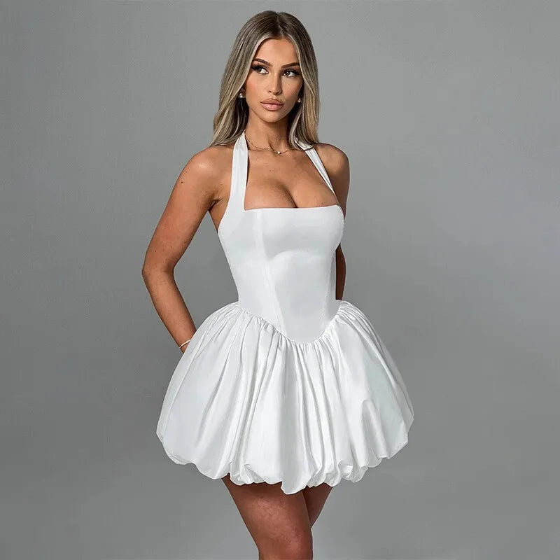 Balloon Mini Dress with Neck Tie and Satin Skirt - Mikaela
