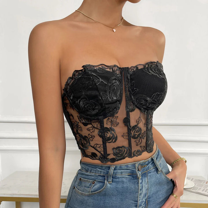Strapless Mesh Top with Floral Embroidery - Noya Lee