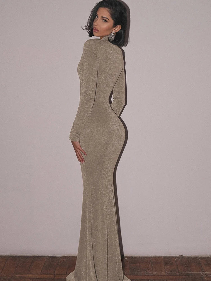 Glitter Maxi Dress with Turtleneck Collar and Cutout Embellishment - Elliana