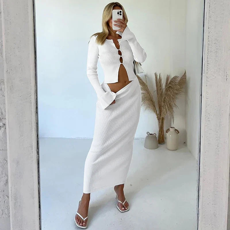 Knitted two-piece set: button-up shirt and fitted maxi skirt - MARIEL